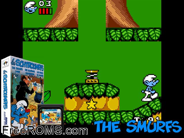 Smurfs, The Game Gear game showing 3D box cover and gameplay screenshot
